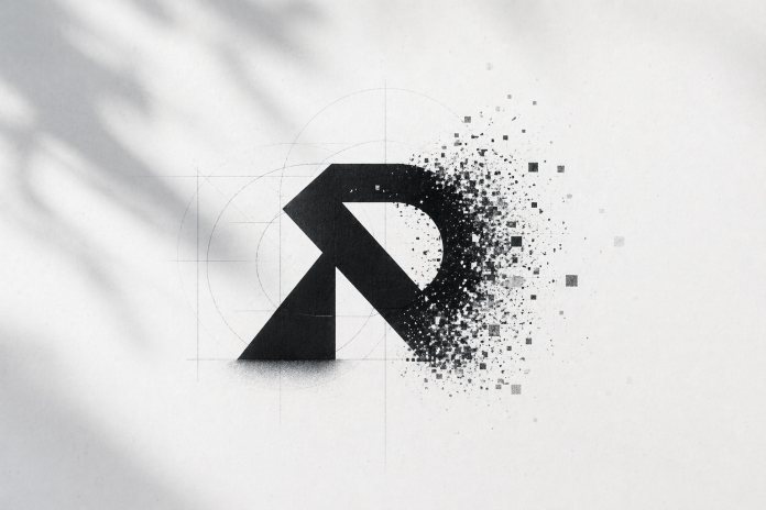 Black geometric letter A dissolving into small squares on a light gray textured background with blueprint-style circles nearby