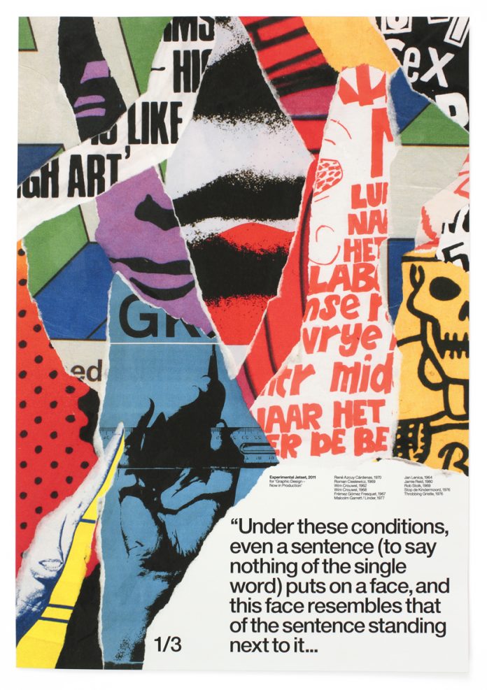 Colorful torn-paper collage with bold typography and abstract shapes; bottom right features a long quote about conditions and sentence structure.