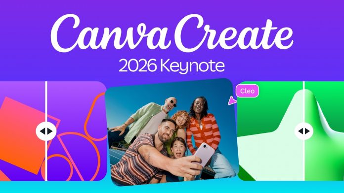 CanvaCreate 2026 Keynote banner with colorful rounded panels and a group selfie on a blue sky background.