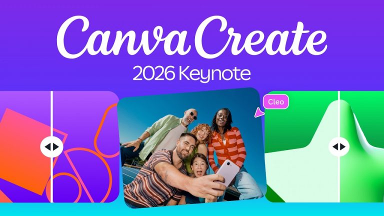 CanvaCreate 2026 Keynote banner with colorful rounded panels and a group selfie on a blue sky background.