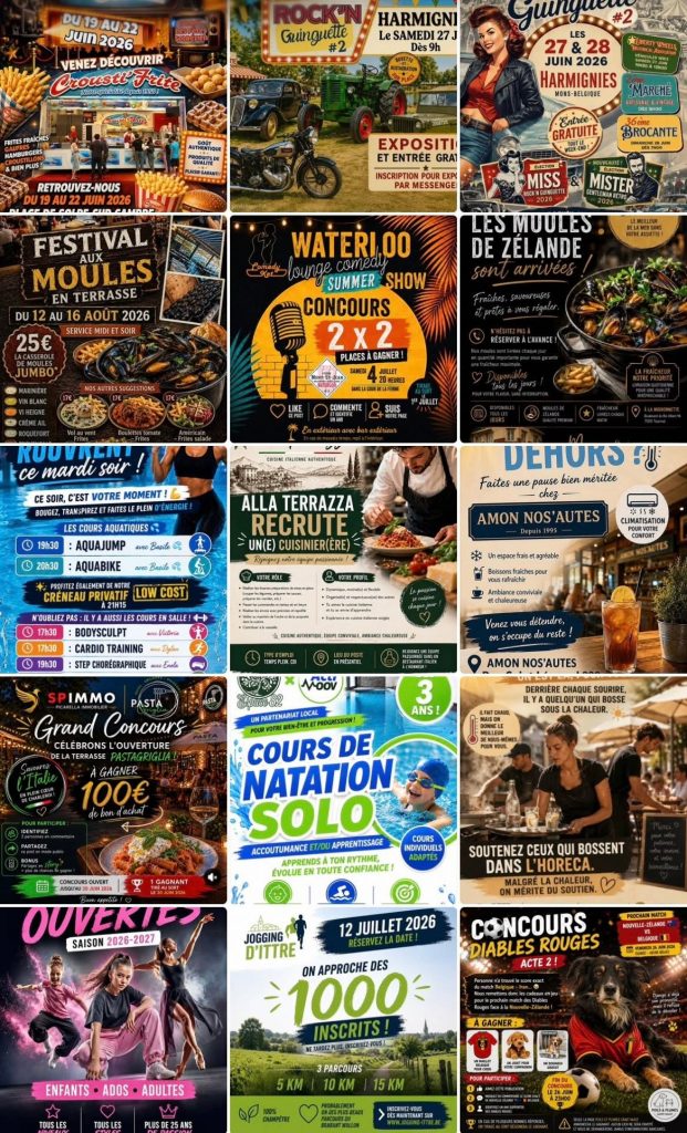 Grid collage of vibrant posters promoting local events, festivals, and food promotions in French.