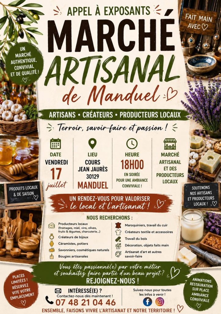 Affiche publicitaire pour le Marché artisanal de Manuel: annonce d'exposants locaux, date et heure, lieu et ambiance conviviale, avec produits artisanaux et fleurs.