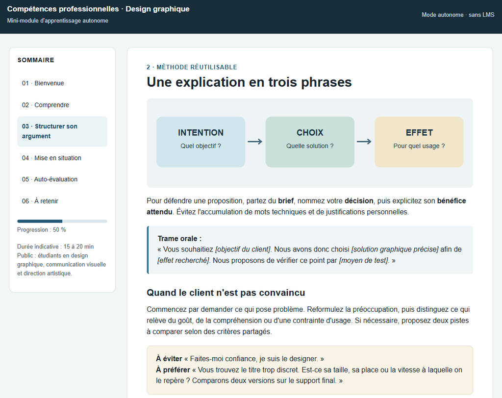 Capture décran 2026-10-19 153435 - Etapes : Page de cours en ligne sur le design graphique: titre 'Une explication en trois phrases', diagramme à trois blocs (INTENTION, CHOIX, EFFET) reliés par des flèches, avec du texte explicatif en dessous.