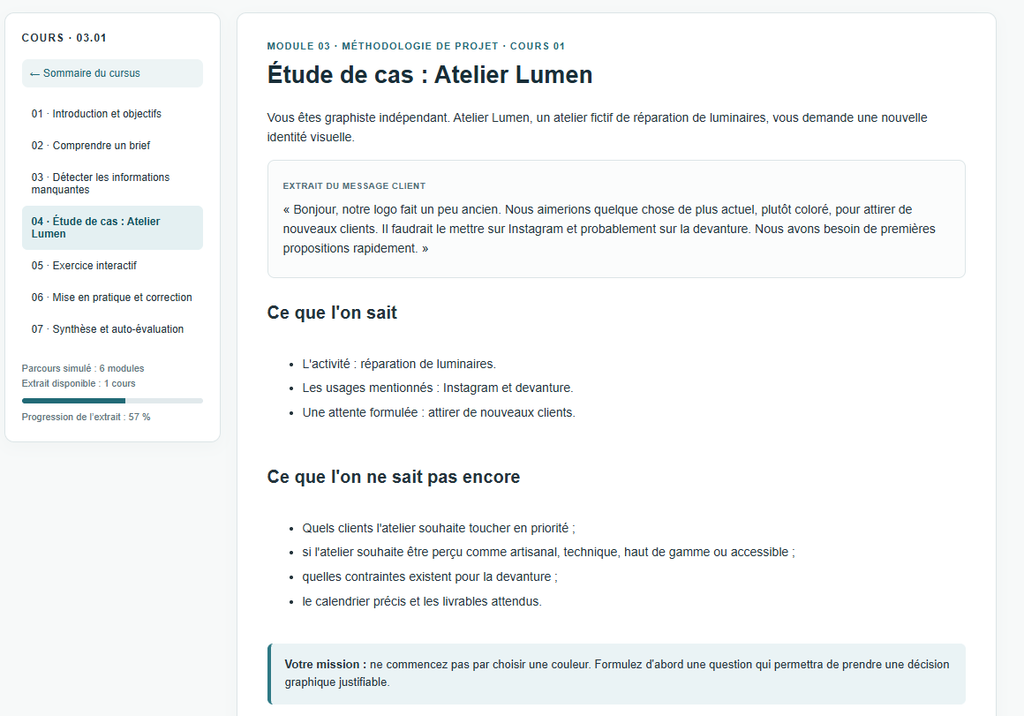 image - Etapes : Screenshot of a Moodle-like course page: Étude de cas Atelier Lumen with left navigation and module list in French (03.01).