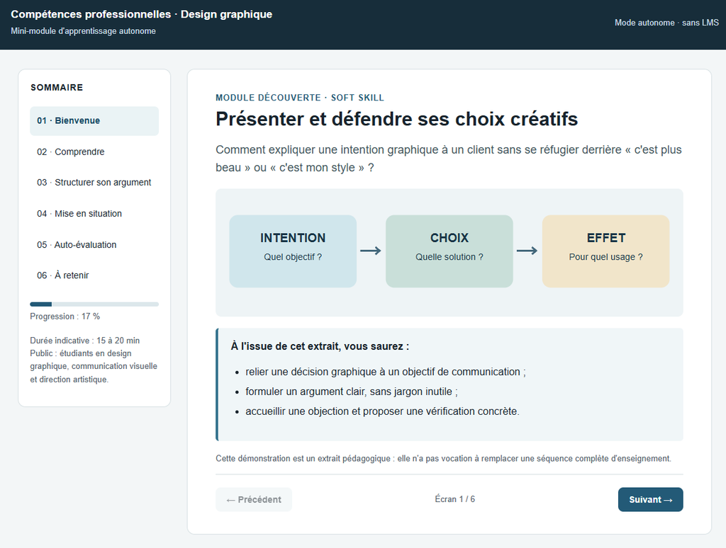 image - Etapes : Interface de cours en ligne: module Découverte – Présenter et défendre ses choix créatifs, avec menu latéral et progression sur la gauche