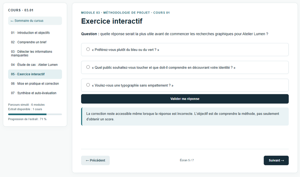 image - Etapes : Page d'exercice interactif avec menu de progression à gauche, titre Exercice interactif et trois questions à choix multiple avec bouton Valider ma réponse.