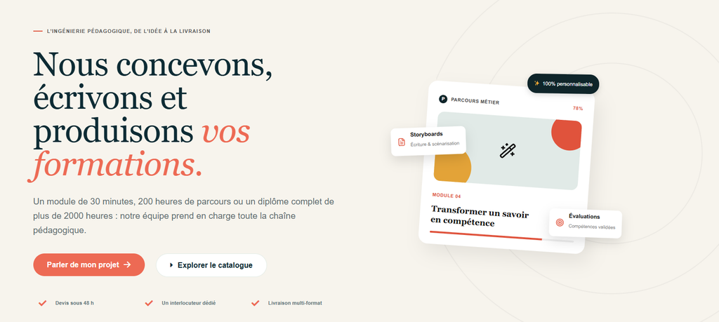 image - Etapes : Hero banner: French headline about designing and producing training; right side shows a floating course card mockup.