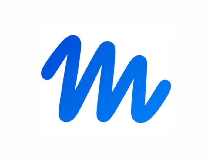 Stylized blue brush-stroke letter 'M' logo on white background.